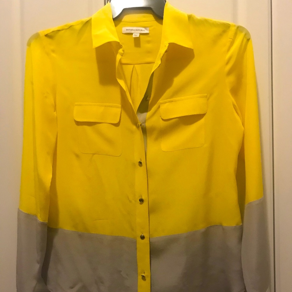 Yellow grey colour block Banana Republic silk blouse